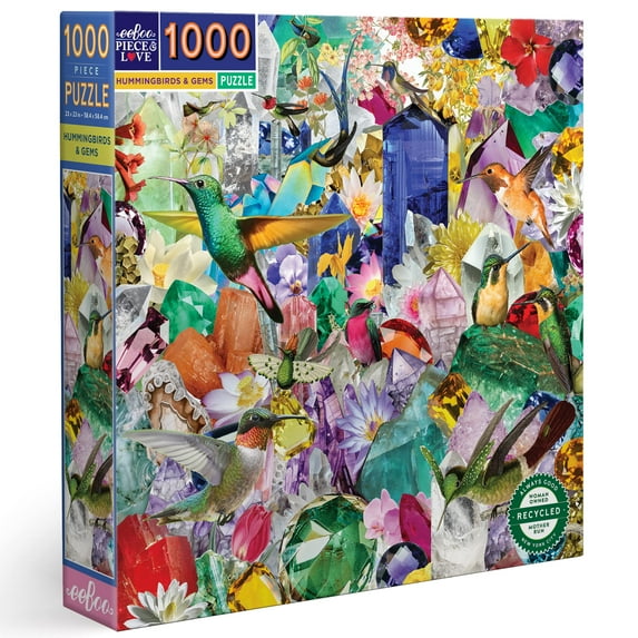 Eeboo Hummingbirds & Gems 1000 Piece Jigsaw Puzzle w/Artist Playlist, 23"x23"