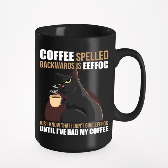 Eeffoc Is Coffee Spelled Backwards with Cat, Black 15oz Ceramic Mug