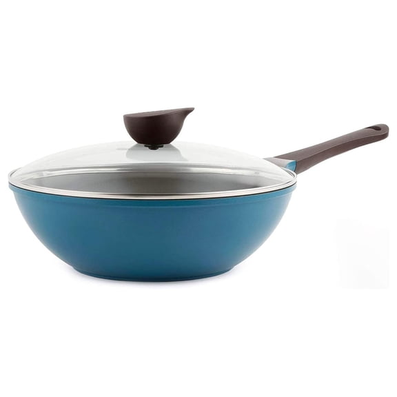 Eela 12'' Non Stick Chef's Wok with Glass Lid, Stir Fry Pan and POFA-Free Ceramic Coating for Cooking Saute Vegetables, Meat, Fish, 12 inch, Deep Blue (Handle assemble required)