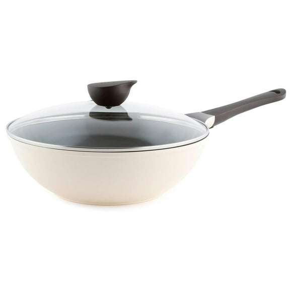 Eela 12'' Non Stick Chef's Wok with Glass Lid, Stir Fry Pan and POFA-Free Ceramic Coating for Cooking Saute Vegetables, Meat, Fish, 12 inch, Ivory (Handle assemble required)