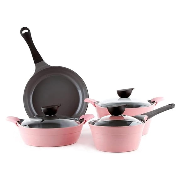 Eela 7pc Ceramic Coated Nonstick Cookware Pots&Pan Set with Saucepan, Frying Pan, Casserole Stockpot, Glass Lids, Silicone Hot Handle Holder Included, 7-Piece,Pink