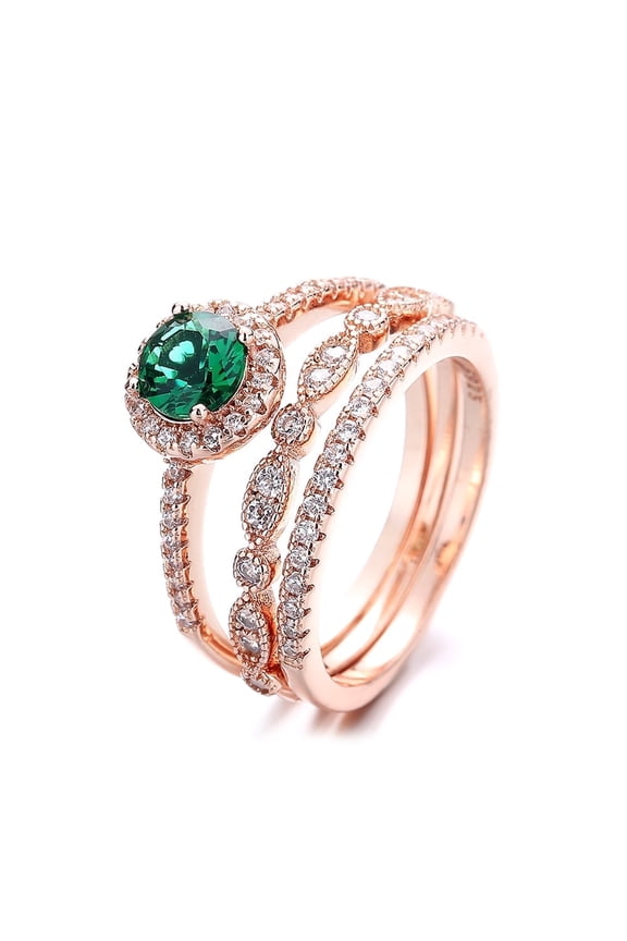 Eemrald and Crystal 3 Pair Stackable Ring in 14K Rose Gold Plated