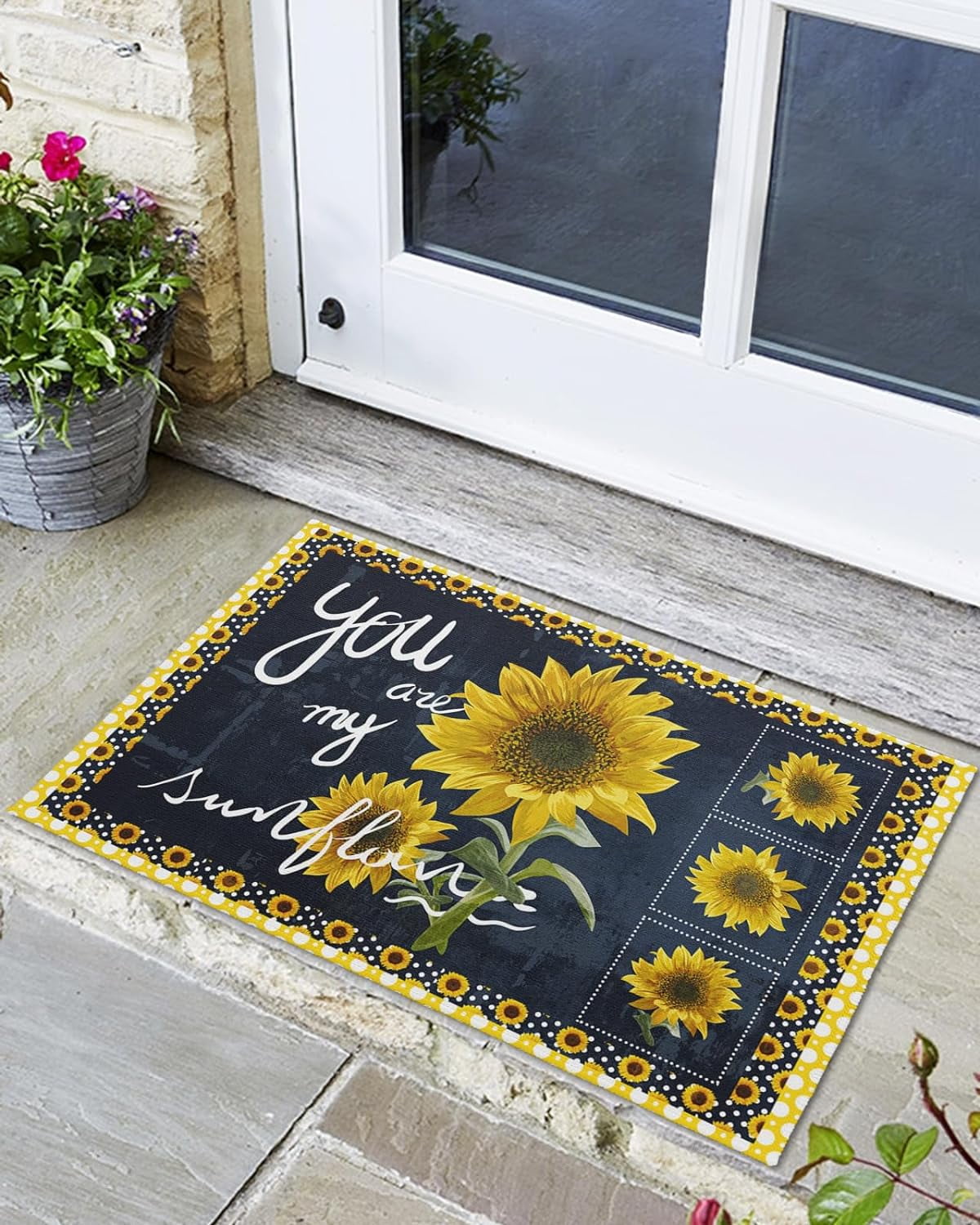 Indoor Outdoor Mats, Sunflower Texture White Wave Dots Yellow Border
