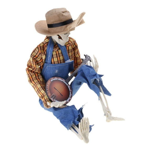 Eerie Animated Banjo Skeleton Collectible Funny Cowboy Skull Statue Multilingual Banjo Skeleton