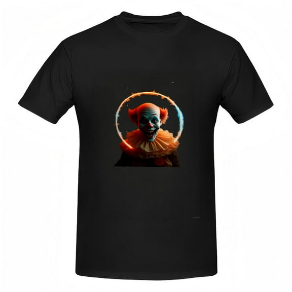 Eerie Clown Pattern Cotton Short Sleeve T-Shirt for Women - Unique Tee with Ruffled Collar & Fiery Background Design