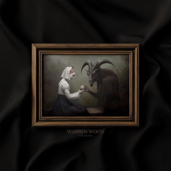 Eerie Gothic Having Tea With Beast Devil, Spooky Vintage Wall Art, Moody Landscape Dark Horror Print, Haunted Decor #3708, Unframed Poster Size 16x24