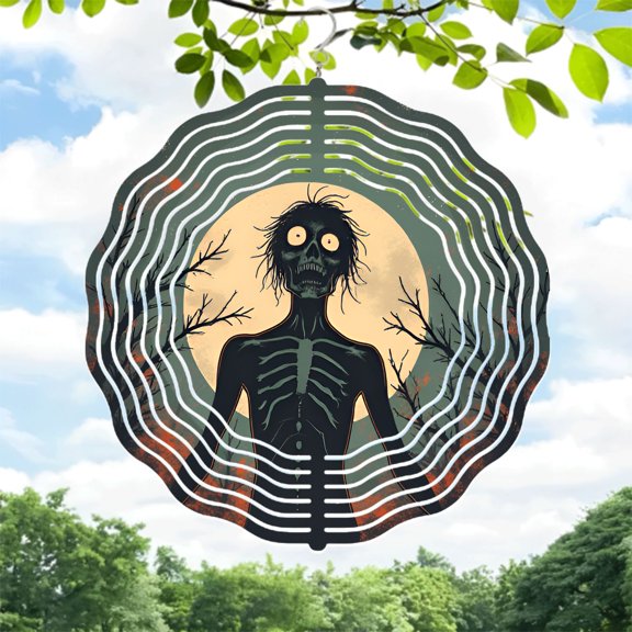 Eerie Metal Hanging Wind Spinner - Skeletal Design with Wild Hair Full Moon & Concentric Circles - Perfect for Spooky Yard & Garden Decor