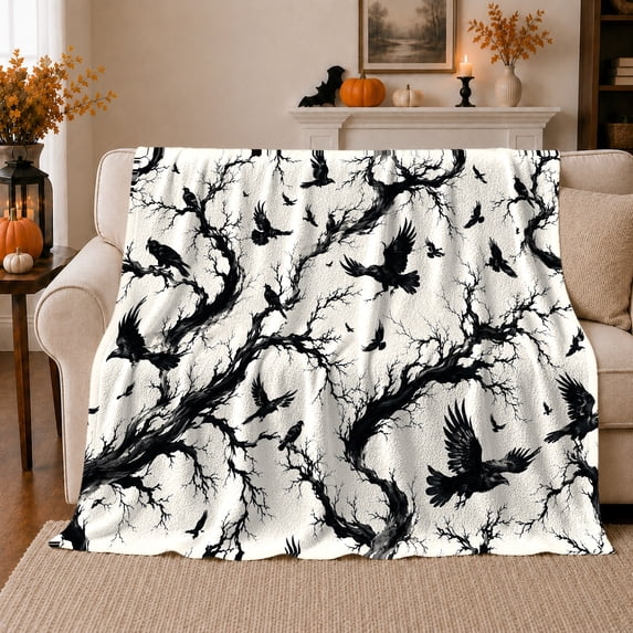 Eerie Raven Tree Silhouette, Festive autumn celebration Scene, Warm Flannel Blanket for Living Room and Reading Nook with Detailed Artwork, Art Lovers autumn celebration Gift, Festive Home Decor
