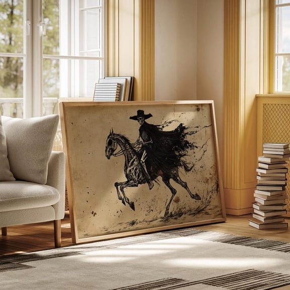 Eerie Skeleton Rider On Ghostly Horse Art - Dark Western Gothic Decor With Vintage Horror Aesthetic Wall Art, Modern Wall Decor, 8x12 UNFRAMED