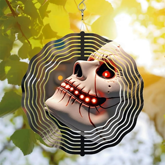 Eerie Skull Design Metal Wind Spinner with Glowing Red Eyes - Intricate Patterns for Yard and Garden Decor Perfect for Halloween