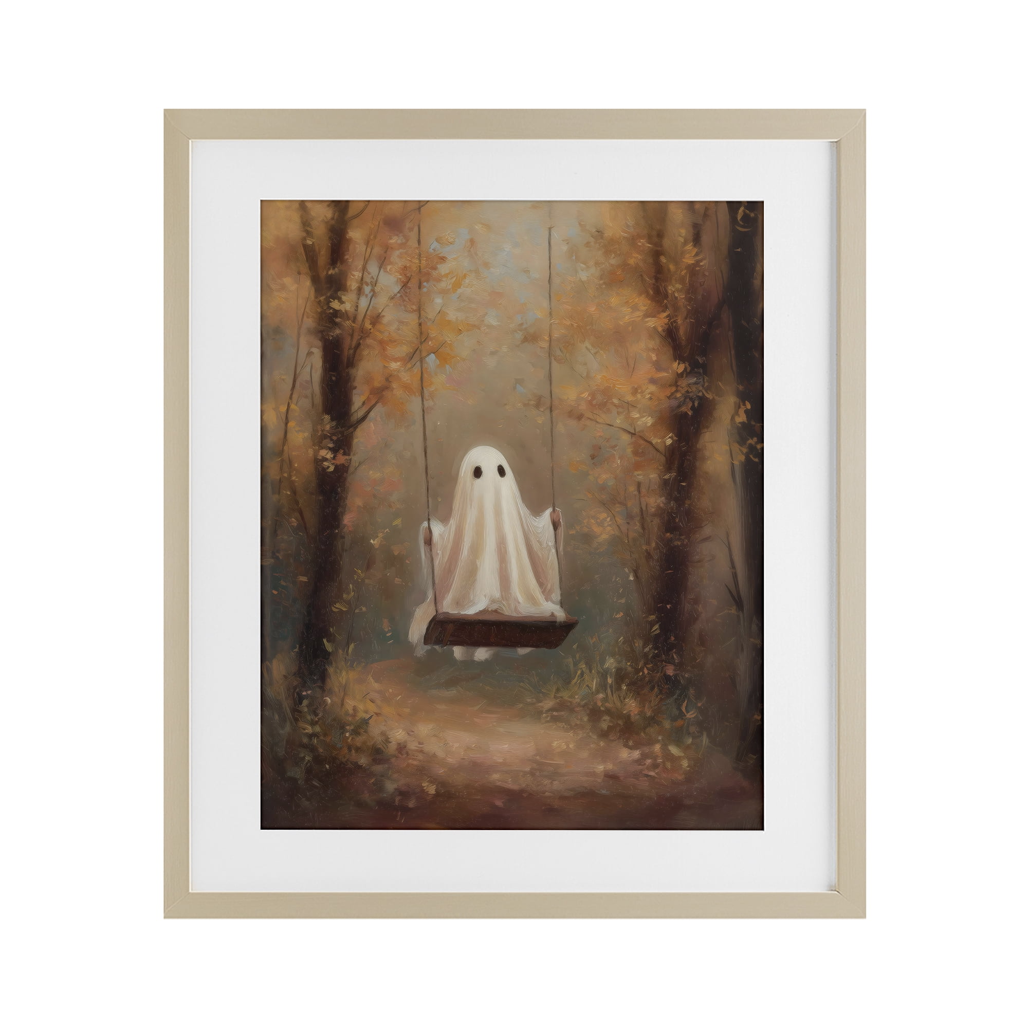 Eerie Swinging Ghost Birch Framed Print Under Glass, design by Arlington Prints