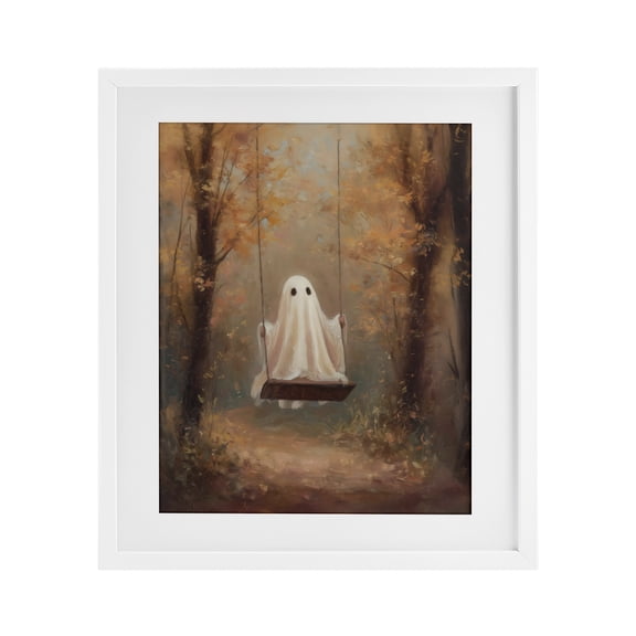 Eerie Swinging Ghost White Framed Print Under Glass, design by Arlington Prints