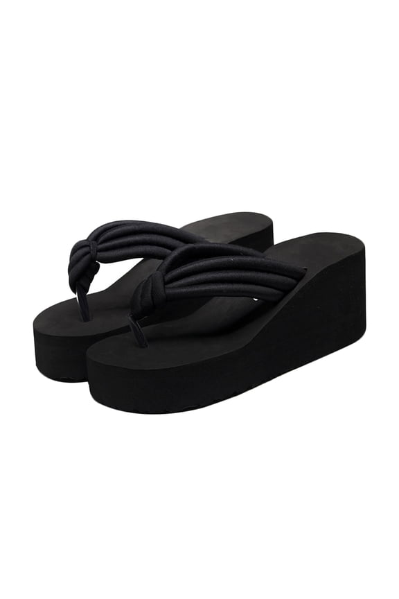 High Heel Platform Slippers Fashion Flops Slope Non-slip Resort Beach Black Knoted Sandals for Women Female(Size 38)