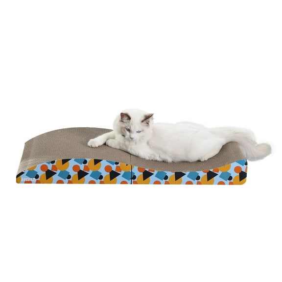 THE LICKER STORE Eero 32" Modern Cardboard Foldable Lounge Cat Scratcher with Catnip, Blue/Orange, CSR1011A