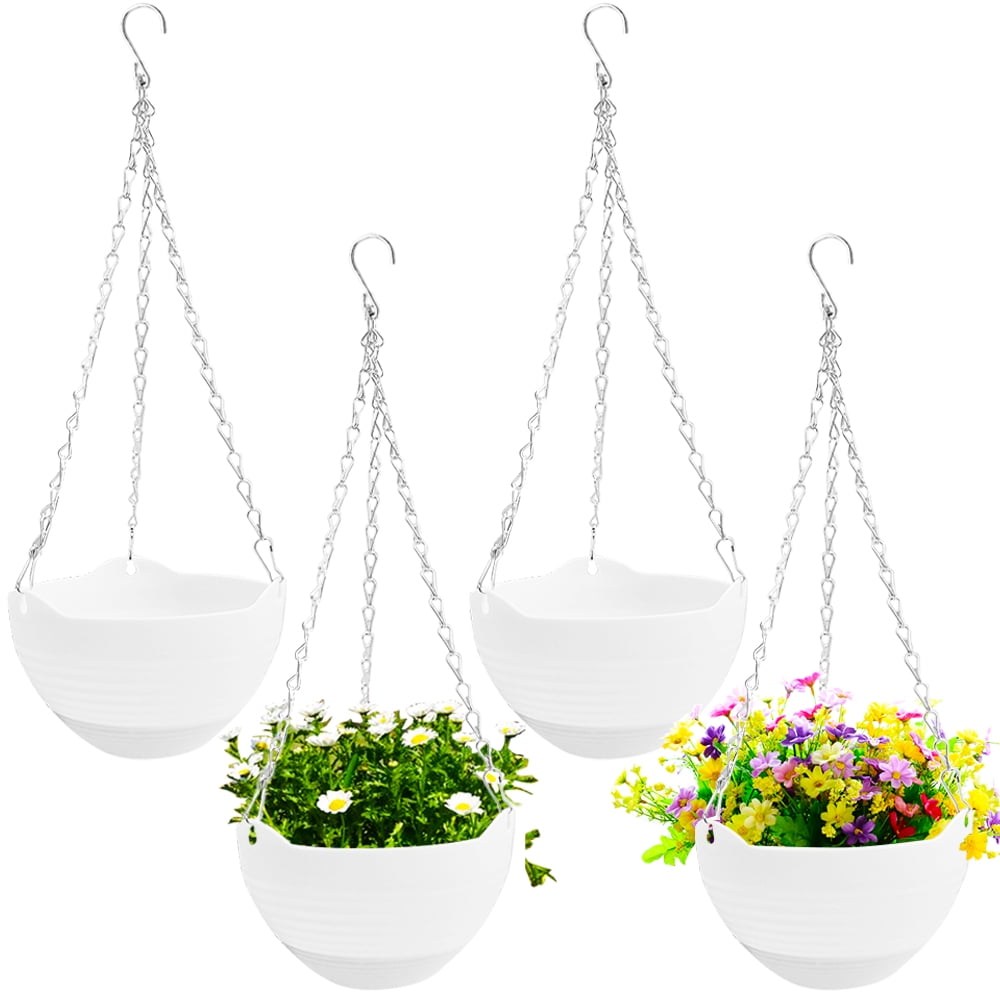 Eerrhhaq 4 Pcs 8 inch Hanging Planter Pots,Self-Watering Round Hanging Basket with Water Tray and Metal Chain,Succulent Flower Plant Pot Container for Indoor Outdoor Garden Balcony Wall Decor,White