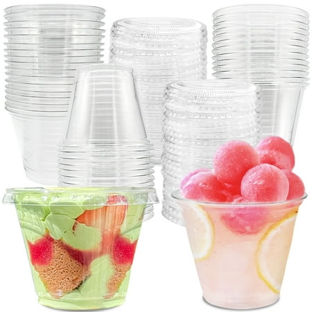 Eerrhhaq 50 Pcs 9 oz Clear Disposable Plastic Cups,Reusable Plastic Bowls with Flat Lids,Party Drinking Containers for Coffee,Fruit,Ice Cream