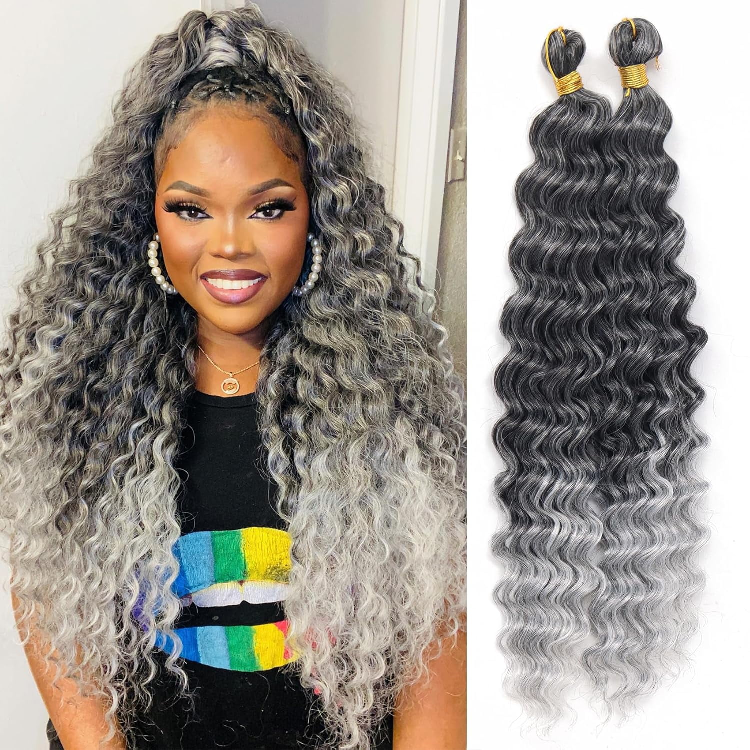 Eerya Long Curly Braiding Hair 18 Inch 2 Packs Ocean Wave Crochet Hair for Black Women Deep Wave Braiding Hair for Boho Braids (18 inch, T1B/grey)