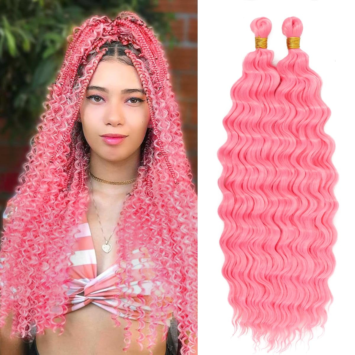 Eerya Long Curly Braiding Hair 18 Inch 2 Packs Pink Ocean Wave Crochet Hair for Black Women Deep Wave Braiding Hair for Boho Braids (18 inch, Pink)