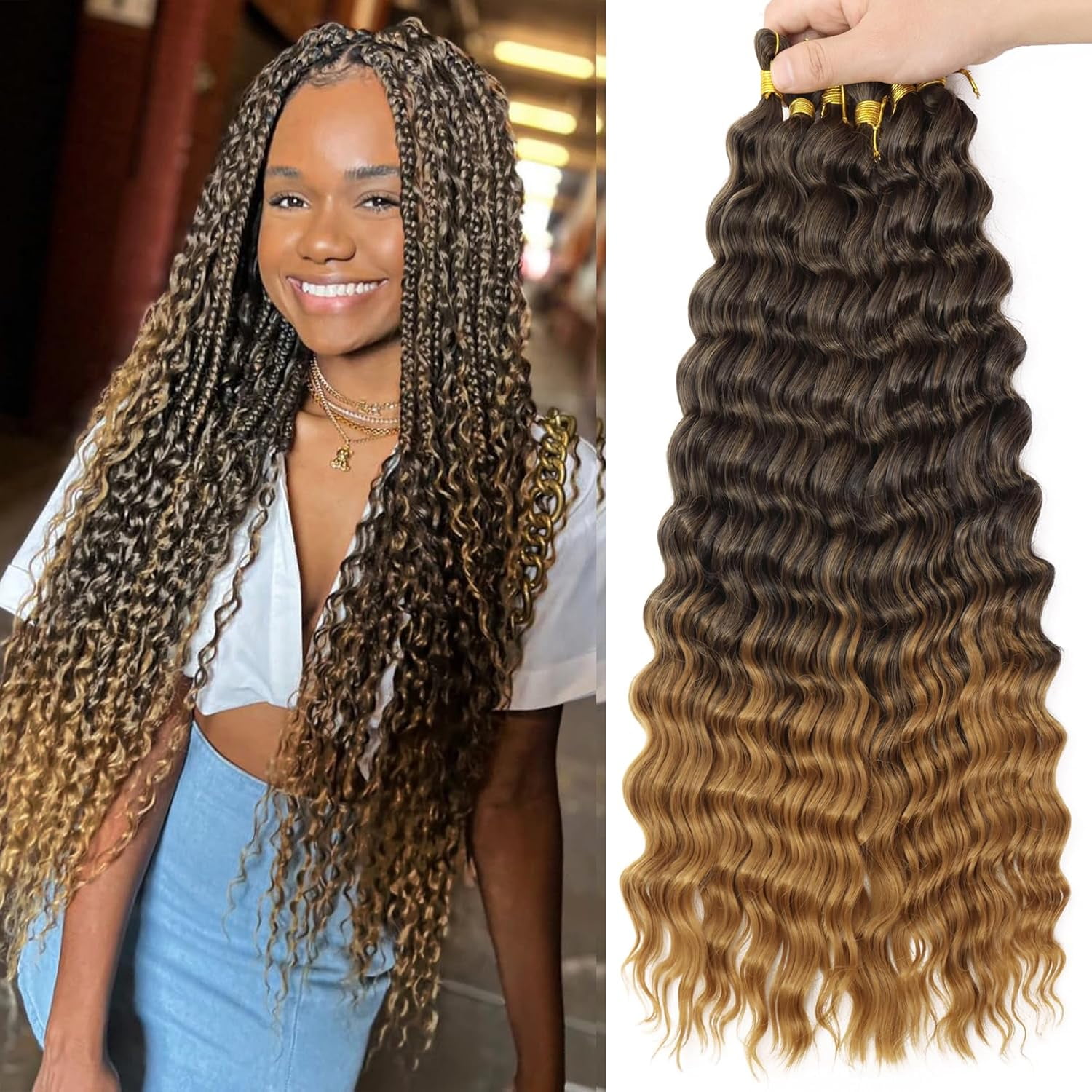 Eerya Ocean Wave Crochet Hair 18 Inch 6 Packs Deep Wave Crochet Hair for Black Women Synthetic Wavy Curly Braiding Hair for Boho Braids (18 inch,T1B/27)