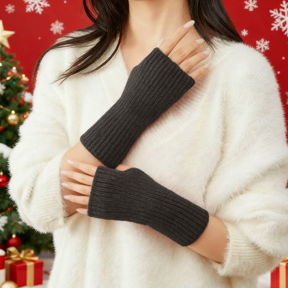 Eespoir 1 Pair Arm Warmers, Wool Knitted Arm Warmers, Winter Fingerless Long Gloves Mittens With Thumb Hole Stretchy Arm Sleeve, for Using your Phone, Writing, Driving, Black