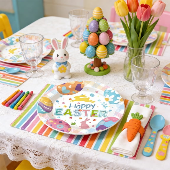 Eespoir 10 Count Easter Paper Plates, Heavy Duty Easter Dinnerware Sets, Disposable Platters Set, for Spring Holiday Party, Bunny Egg Design, Family Gathering(B-9")