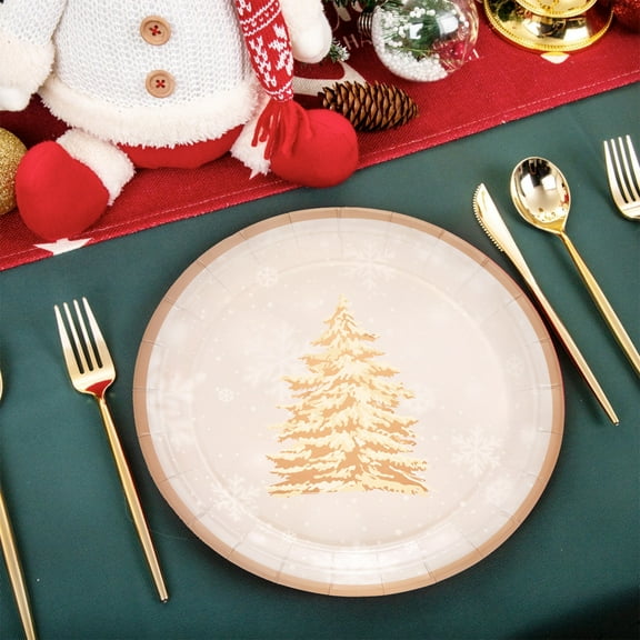 Eespoir 10Pcs Winter Disposable Paper Plates, Christmas Tree Round Decorative Tableware, Winter Dinner Dessert Plates, for Wedding Birthday Festival Party, 9"