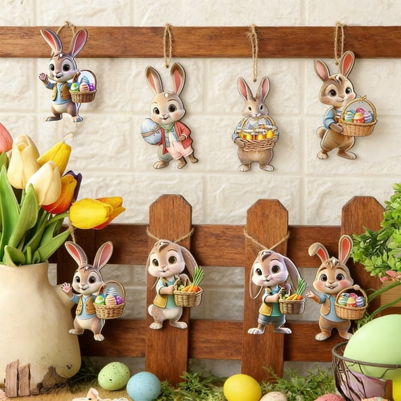 Eespoir 12 Pcs Wooden Easter Egg, Cute Bunny Decoration Outdoor Pendant, Home Decoration Without Rope, for Spring, Tree Hanging, Gift, Craft, Natural Wood(B)