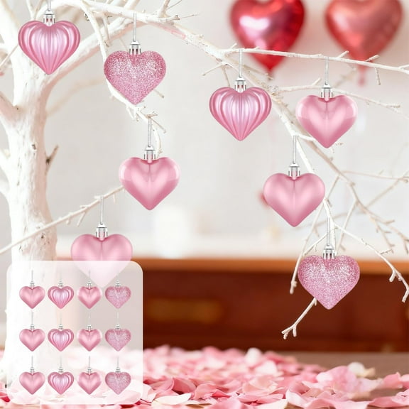 Eespoir 12Pcs Valentines's Day Heart Ornaments, Romantic Heart Hanging Decor, Foil Heart Party Decoration, For Ceiling Dangling, Doorway Arch, Photo Booth Background(Pink)
