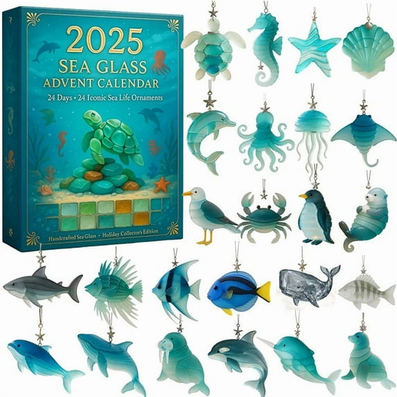 Eespoir 2025 Sea Glass Life Advent Calendar, 24 Days Sea-themed Christmas Countdown Calendar with 24 Sea Animals Decoration, for Beach Lovers
