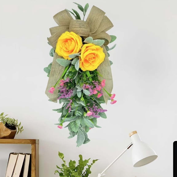 Eespoir 23" Spring Summer Teardrop Swag Wreath, Floral Door Hanging Decor Wreath, Easter Rabbits Ear Leaf Wreath, for Front Door Farmhouse Home Decor