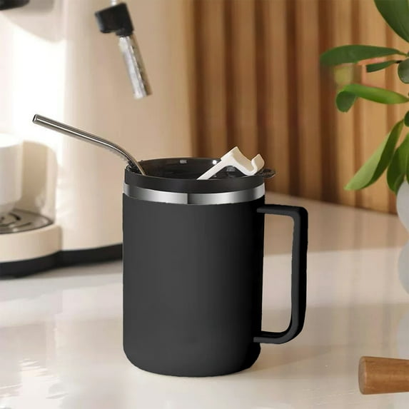 Eespoir 430ML Stainless Steel Covered Water Cup, Insulated Sealed Coffee Travel Mug, Double Wall Cup, For Tea, Coffee, Cold Water, Office Desk, Car Cup Holder(Black)