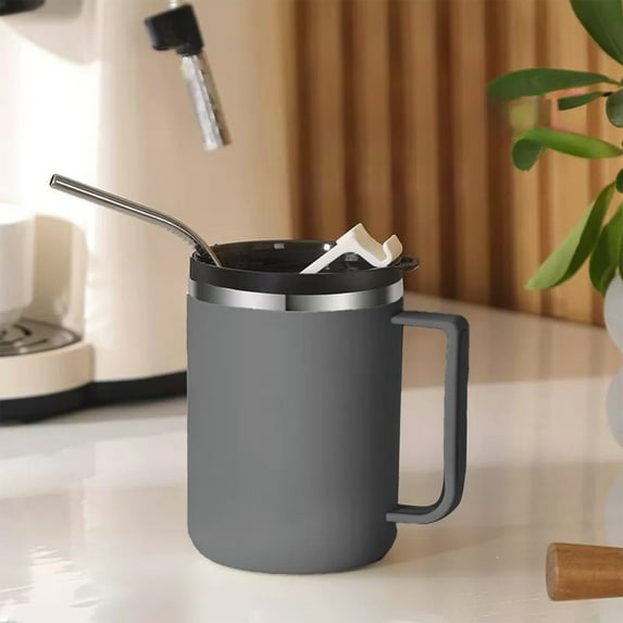 Eespoir 430ML Stainless Steel Covered Water Cup, Insulated Sealed Coffee Travel Mug, Double Wall Cup, For Tea, Coffee, Cold Water, Office Desk, Car Cup Holder(Gray)