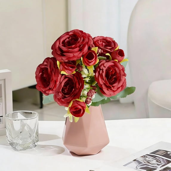 Eespoir 5 Branches Philippos Rose Bouquet, Simulated Silk Flower Rose Table Decor, Artificial Flowers for Wedding, Home Decor, Gift Presentation, Centerpiece(Burgundy)