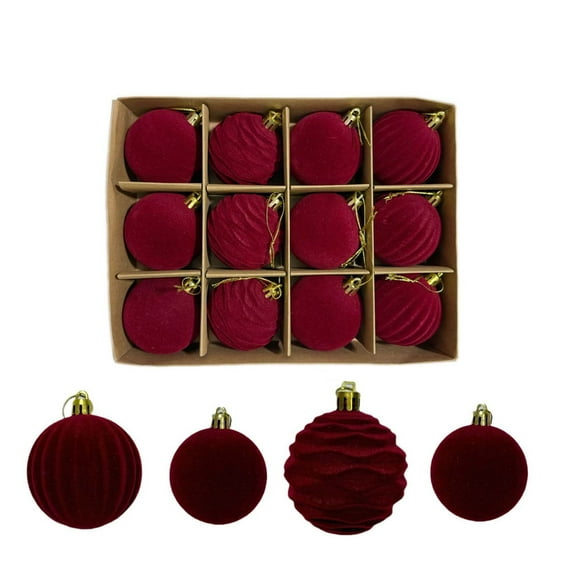 Eespoir 6cm Flocking Christmas Ball, Dark Velvet Christmas Ornament, Flocked Tree Decoration, For Christmas Tree Decor Holiday Party 12pcs(Red)