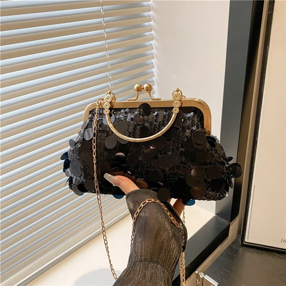 Eespoir Advanced Style Clip On Dinner Bag, Women Fashion Handbag, Shoulder Bag Crossbody, For Sequin Chain Design, Evening Use(Black)