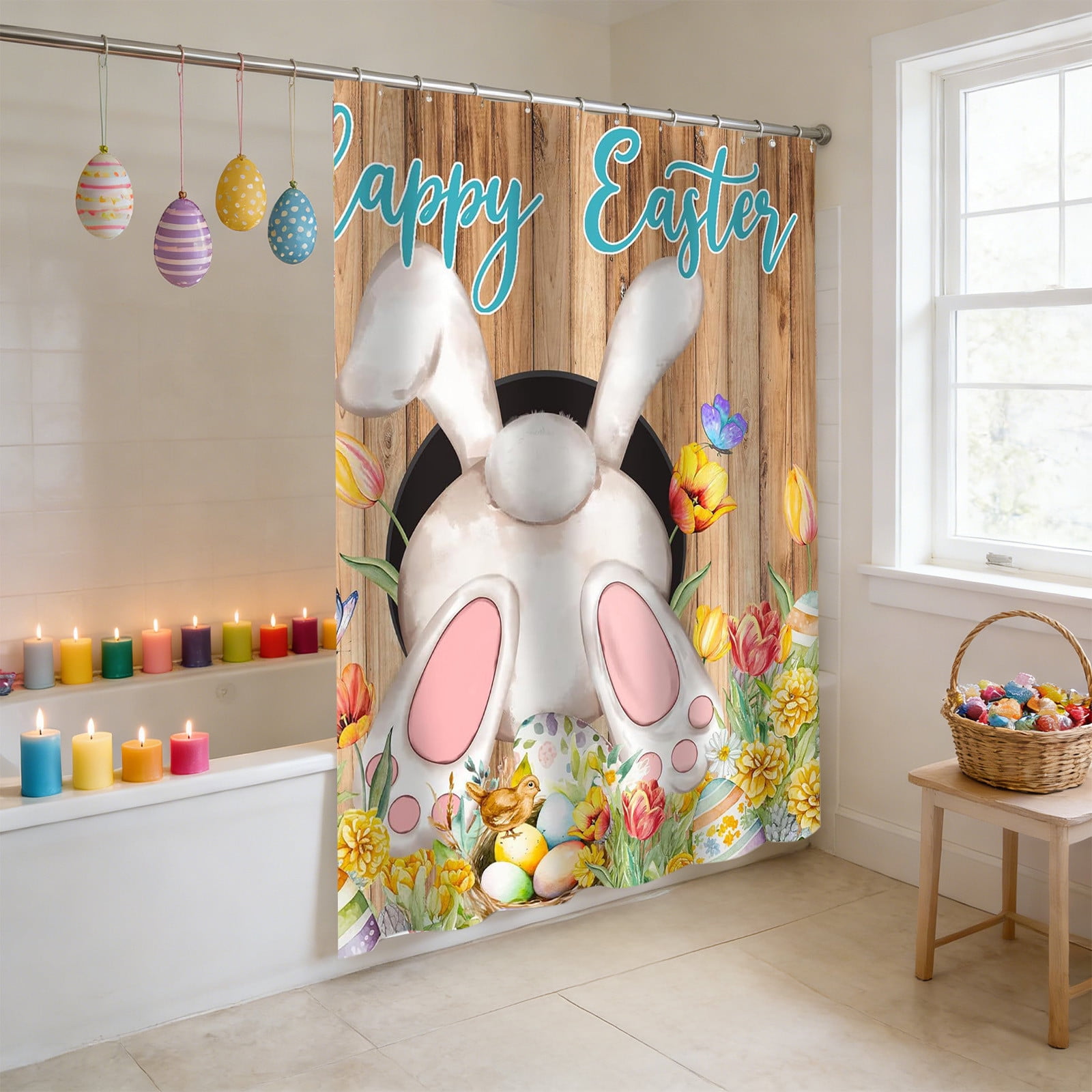 Eespoir Bathroom Decor Curtain, Easter Linen No-Drill Shower Curtain
