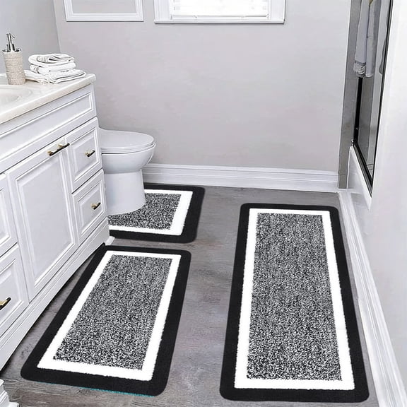 Eespoir Bathroom Rugs Sets 3 Piece, Extra Large Bath Mat Set, U Shaped Toilet Rug, For Master Bathroom, Shower Exit, Tub Side, Complete Bath Set, Plush Microfiber(Black)