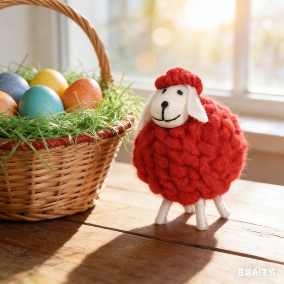 Eespoir Boho Lint Sheep Ornament, Handmade Easter Lamb Decor, Cute Spring Tabletop Accents, Rural Easter Decoration Gift for Spring Home, Shelf Display, Wool Texture(Red)