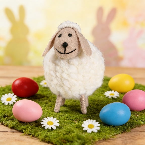 Eespoir Boho Lint Sheep Ornament, Handmade Easter Lamb Decor, Cute Spring Tabletop Accents, Rural Easter Decoration Gift for Spring Home, Shelf Display, Wool Texture(White)