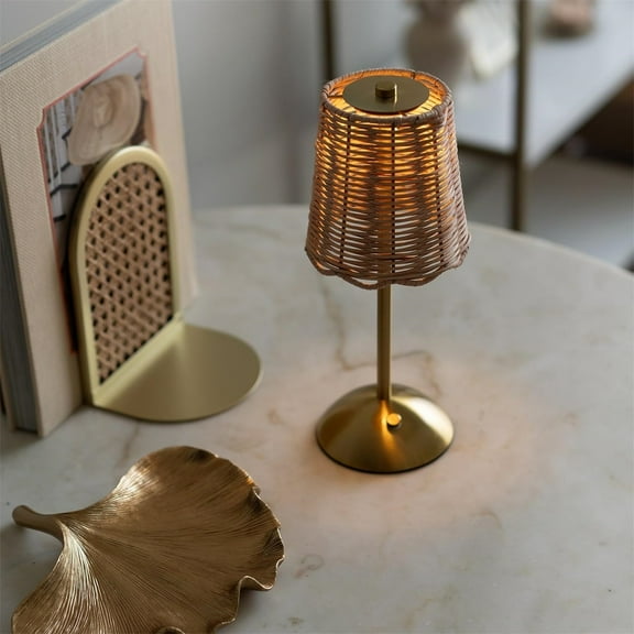 Eespoir Boho Rattan Table Lamp, Rattan Gold-Tone Indoor Table Lamp, LED Portable Lamp For Home Decor, Touch Dimmer, for Living Room Bedroom Office Lighting Home
