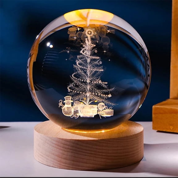 Eespoir Calming Star Spheres Cr-ystal Ball Night Light, Christmas Tree Crys-tal Lights with Wooden Base, for Bedroom Decor Christmas Decor Or Gift