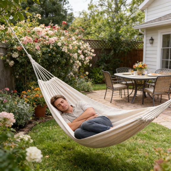 Eespoir Camping Hammocks with Anti-Tip Designs, Heavy Duty Canvas Outdoor Hammocks for Adults, Portable Tree Hammocks for Beach, Garden, Backyard, Patio, Sturdy Straps