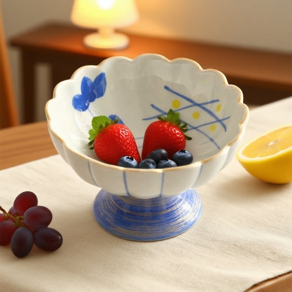 Eespoir Ceramic High Legged Fruit Plates, Modern Large Dinner Plates Fruit Plates, for Home, Office, Traveling, Party, Lunch, Dinner Supplies, Blue