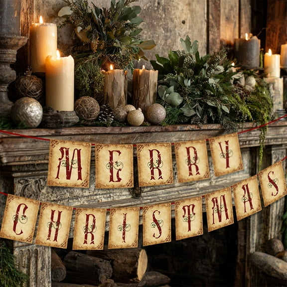 Eespoir Christmas Decorations - Vintage Merry Christmas Banner, Christmas Letter Banners Pull Flag, for Indoor Home Office Fireplace Mantle Farmhouse
