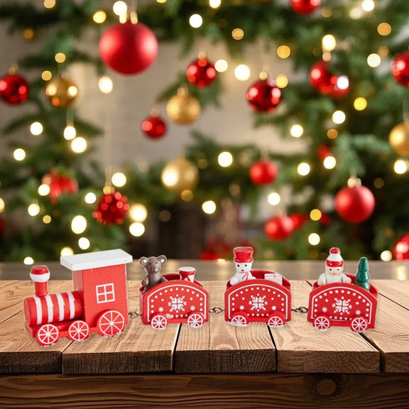 Eespoir Christmas Desktop Decoration Set With Wooden Train Figurines, Festive Train Set, Wooden Figurines Decor, For Holiday Desktop Display Christmas Scene(C)