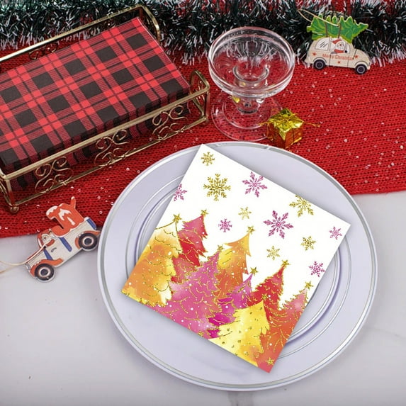 Eespoir Christmas Plaid Disposable Napkins, Pink Christmas Tree Luncheon Dinner Napkins, Winter Holiday Decorative, for Wedding Birthday Party Supplies, 24Pcs