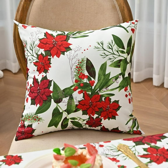 Eespoir Christmas Print Pillowcase, Red Flowers Green Leaves, Festive Pillow Cover, With Red Fruit Vines Patterns