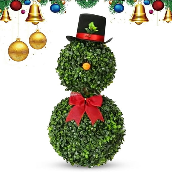 Eespoir Christmas Snowman Topiary 30 Inchs, Artificial Snowman Shaped Tree, Faux Snowman Plant, With Red Bow Santa Hat For Outdoor Indoor Home Porch