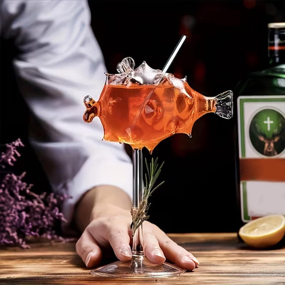 Eespoir Cocktail Glass, Bar Pufferfish Shaped Glass, High Footed Drinking Glass with Straw for Summer Beach, Vacation, Pool Party, Tropical Drinks