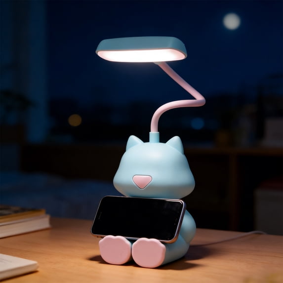 Eespoir Cute Cat LED Desk Lamp with Phone Stand, Nightlight Reading Desk Lamp Lighting, Flexible Gooseneck, Rechargeable Battery, for Bedroom, Study, USB, Adjustable